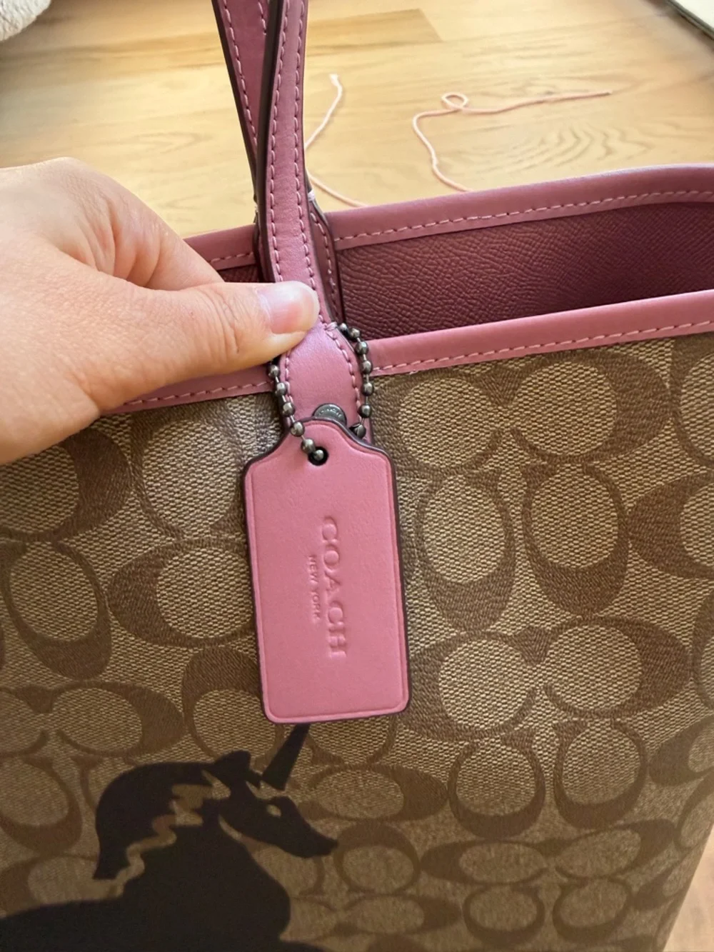 Coach Beige Signature Canvas Tote with Pink Trim and Purple Horse - Picture 4 of 6